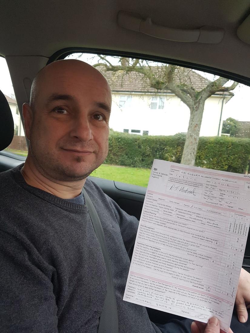Rob Hubert from Woodbridge with his ADI Part 3 pass after training with Hallwood Training Services
